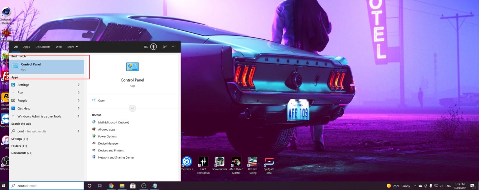 Windows search bar with Control Panel