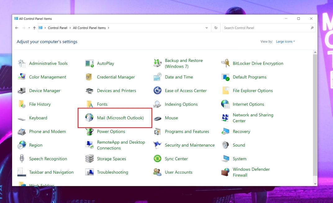 Control Panel with Mail icon highlighted