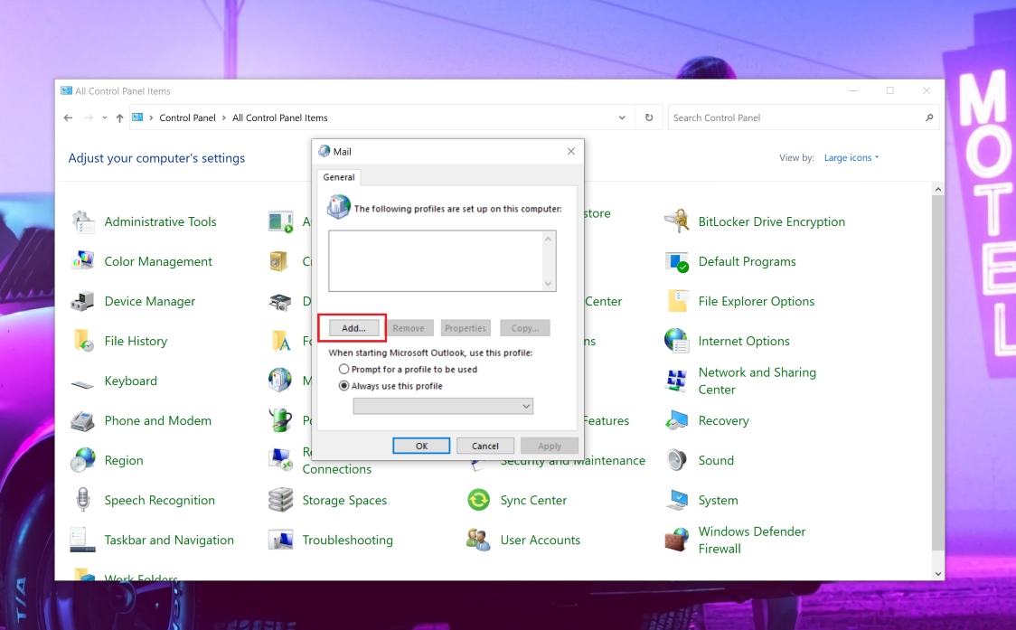 Mail Setup window