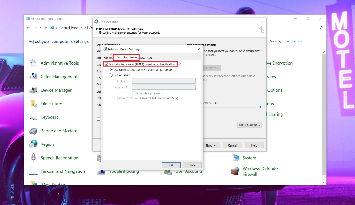 More Settings, Outgoing Server tab