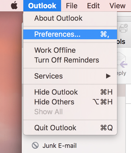 Outlook menu with Preferences highlighted