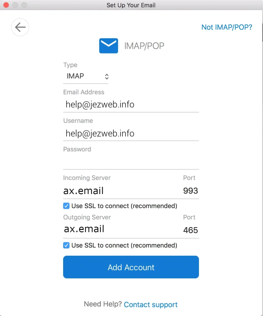 IMAP account details form