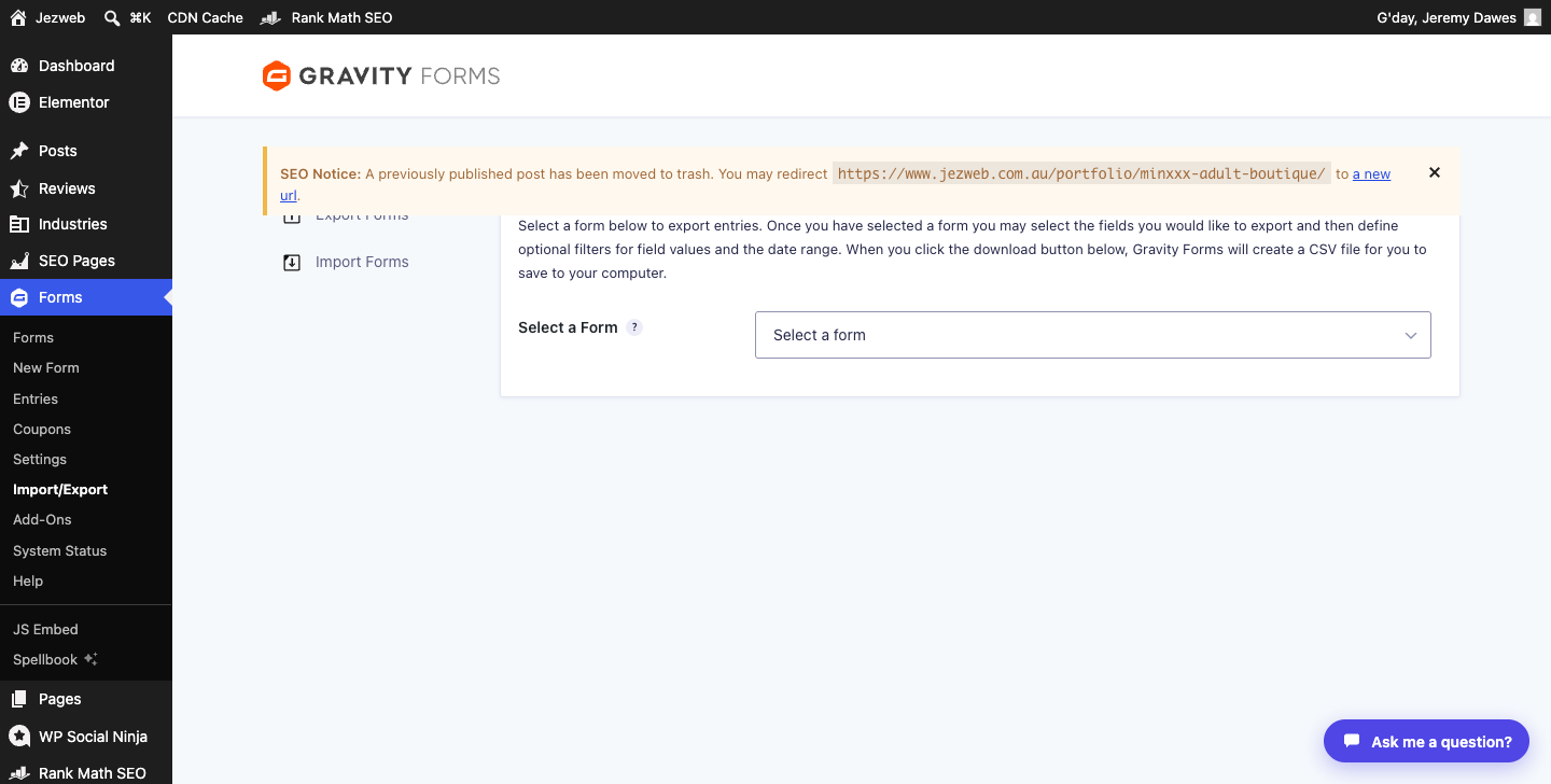Gravity Forms Export Entries screen with form picker
