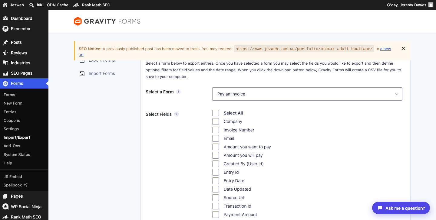 Export Entries screen after selecting a form, showing field checkboxes