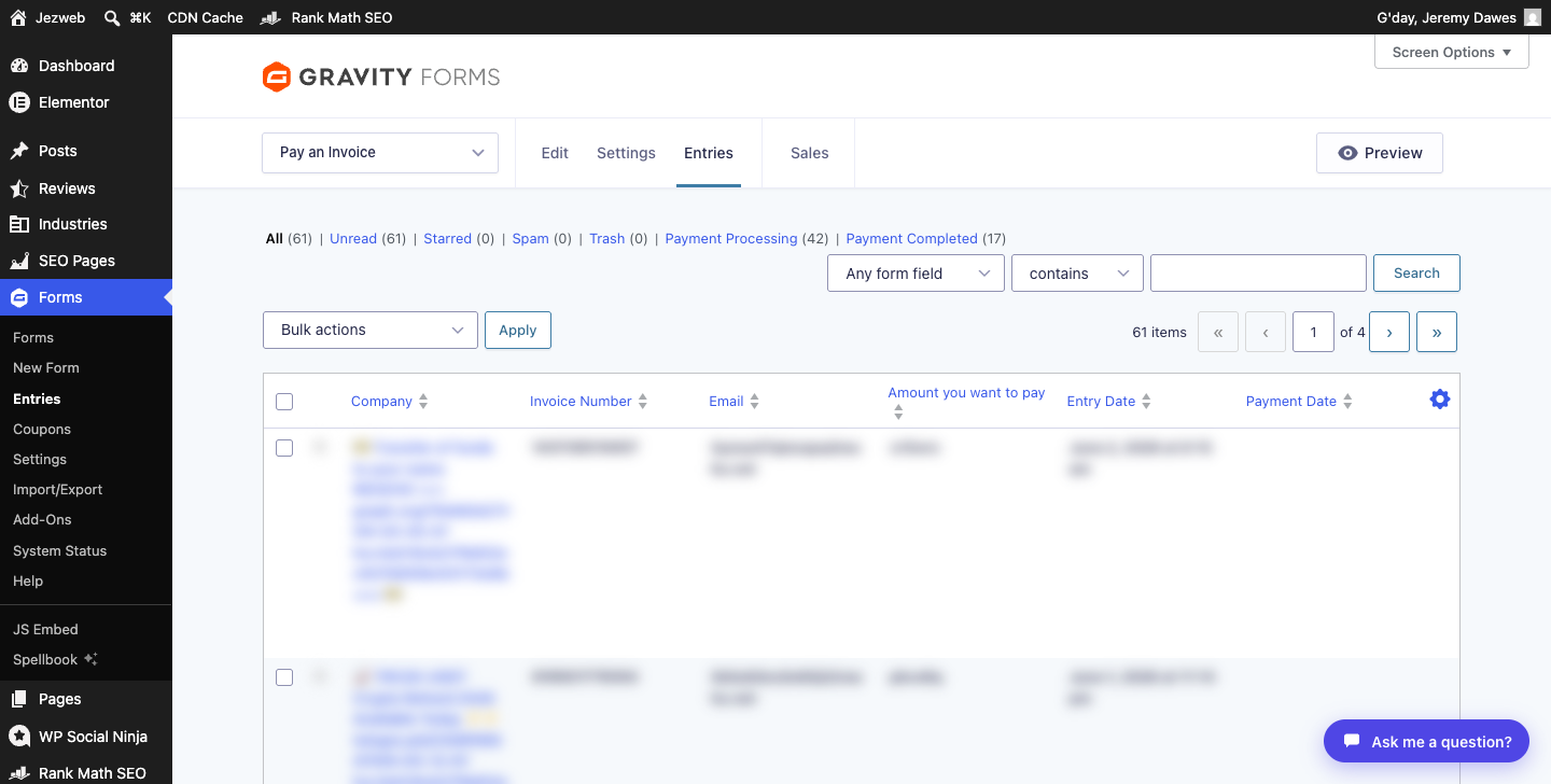Gravity Forms entries list showing submissions