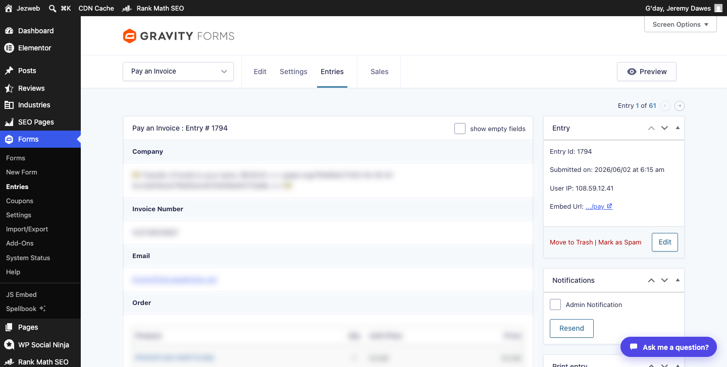 Gravity Forms entry detail showing submitted field values