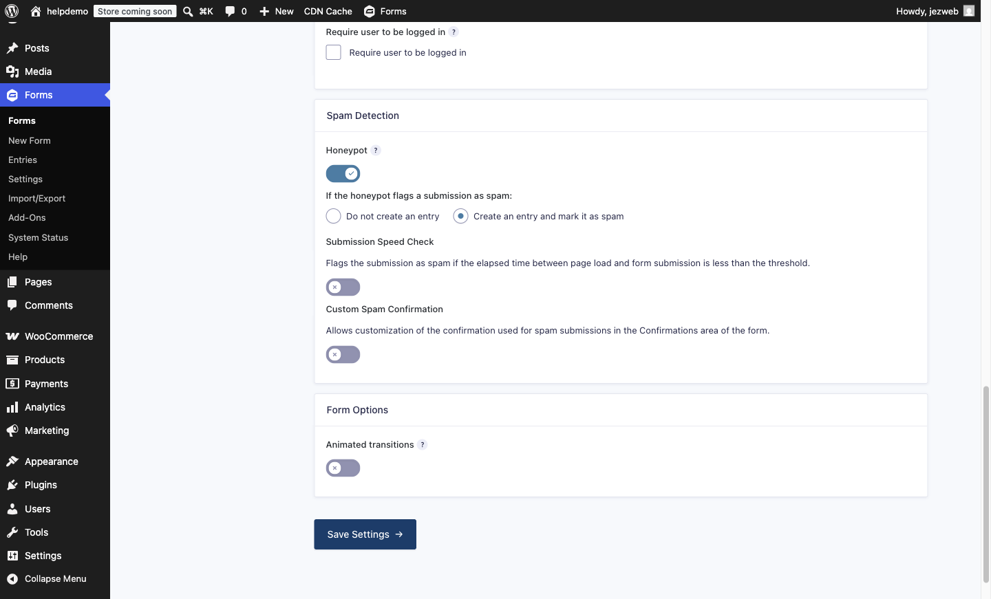 Gravity Forms Form Settings showing the Spam Detection section with the Honeypot toggle on