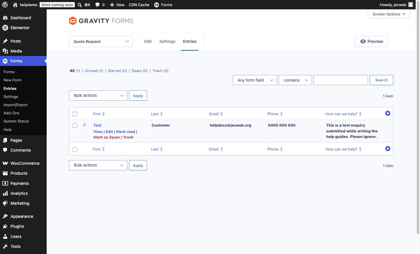 A form entry row with the Mark as Spam action visible