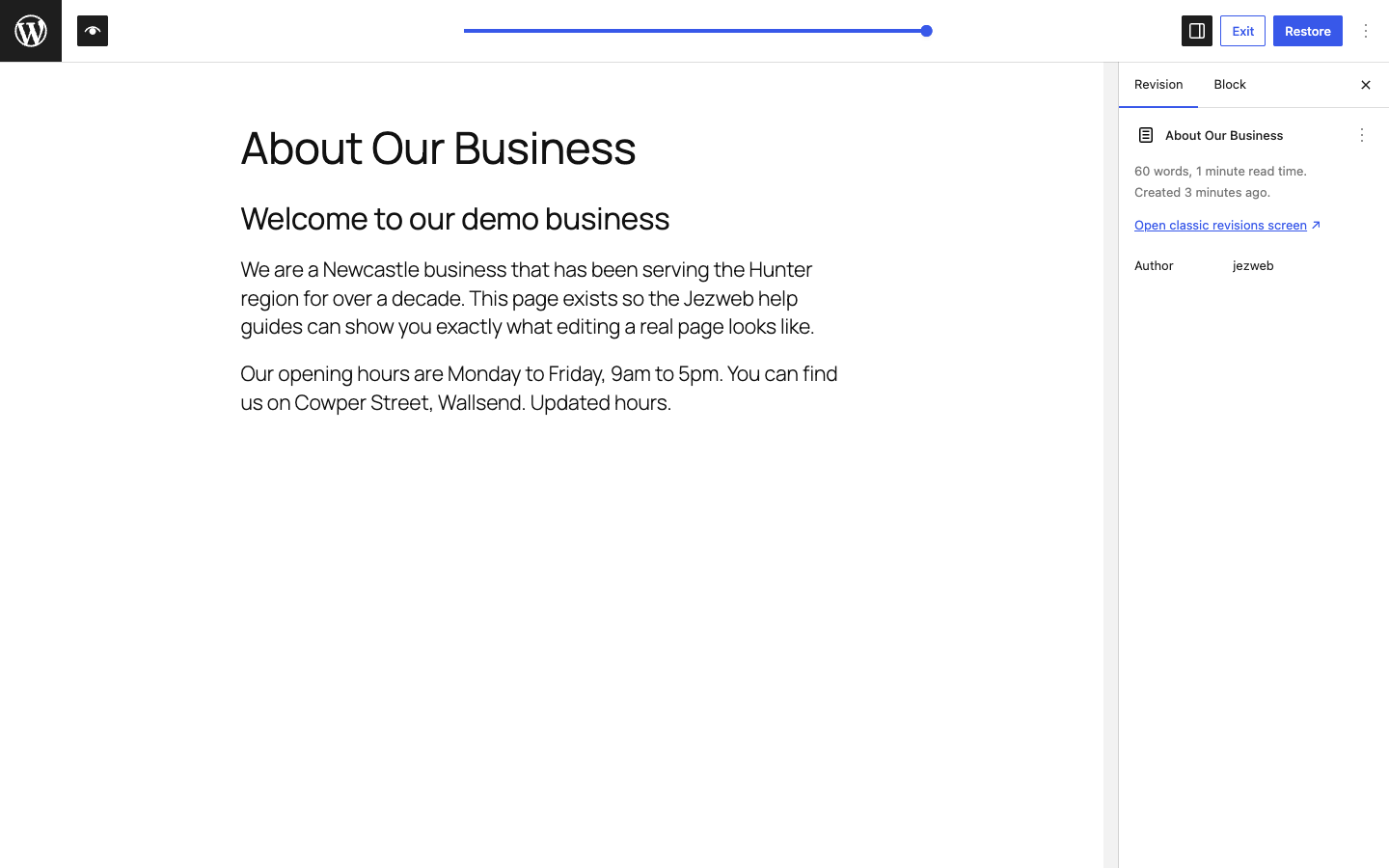 Gutenberg revisions panel with timeline slider and Restore This Revision button