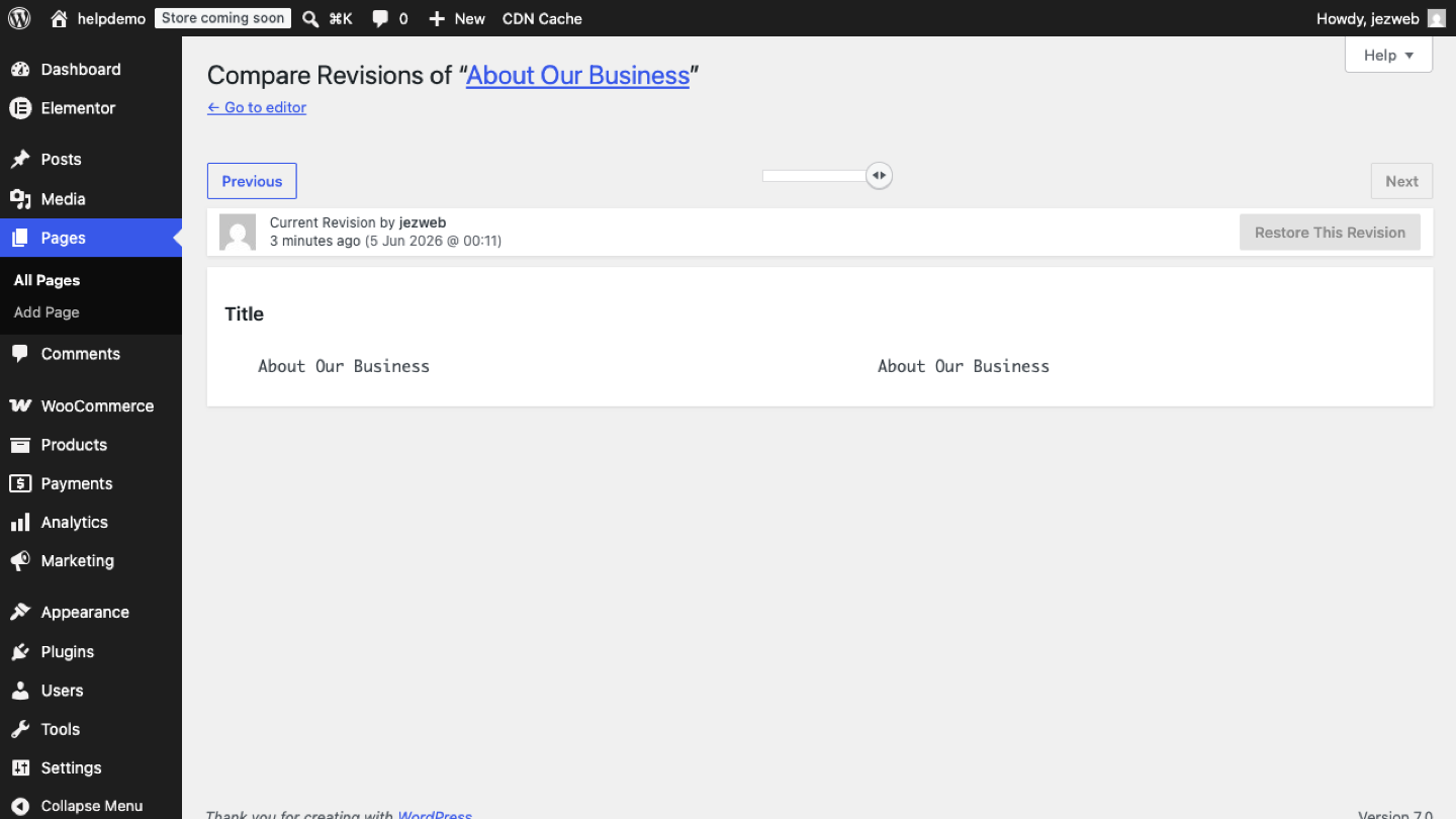 Classic Compare Revisions screen showing Previous/Next buttons, slider, and Restore button