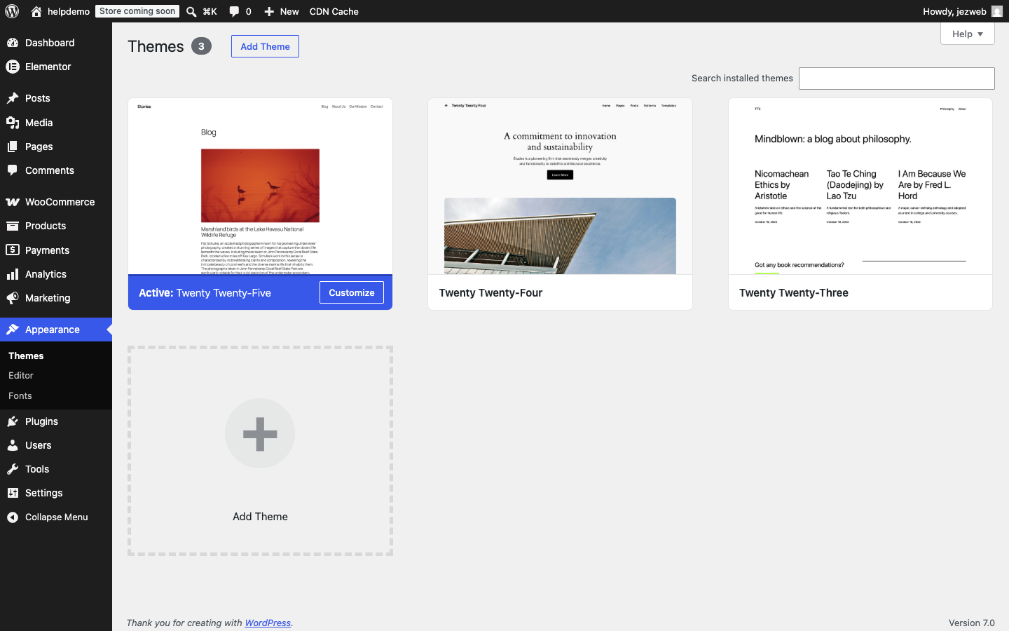 Appearance menu showing Themes, Editor, and Fonts options