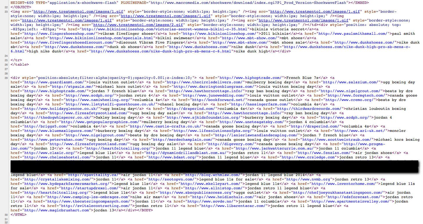 Hidden link spam injected into page source code