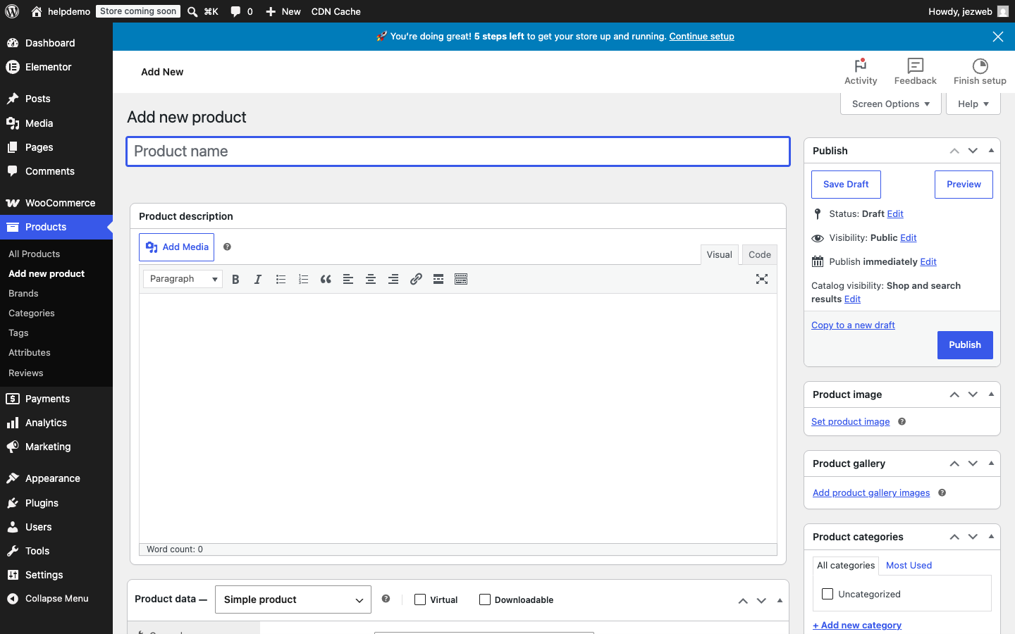 Add new product screen showing the title field, description editor, and Publish panel