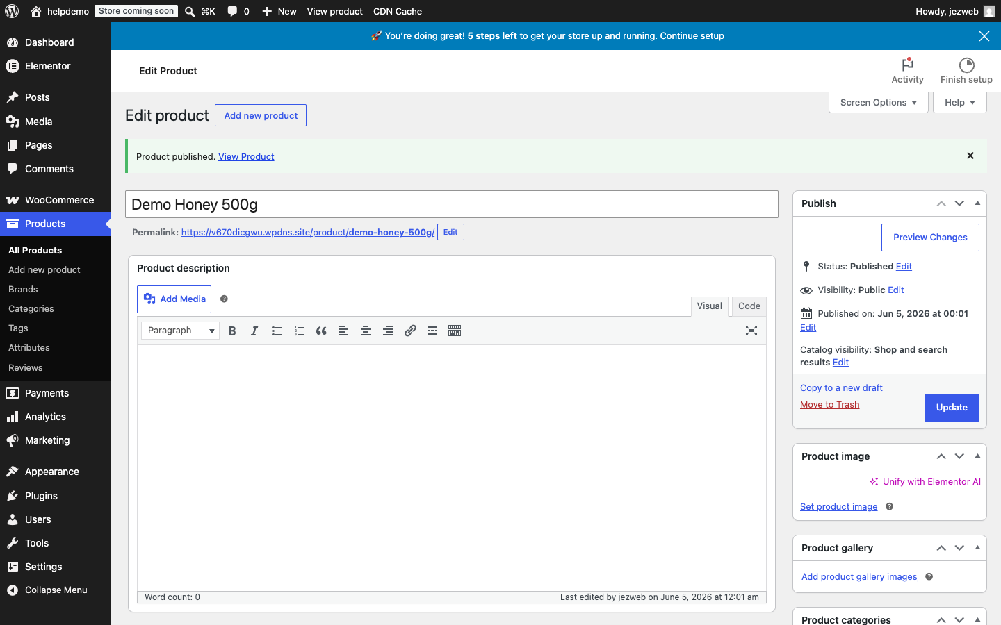 Published product confirmation showing 'Product published' and Status: Published