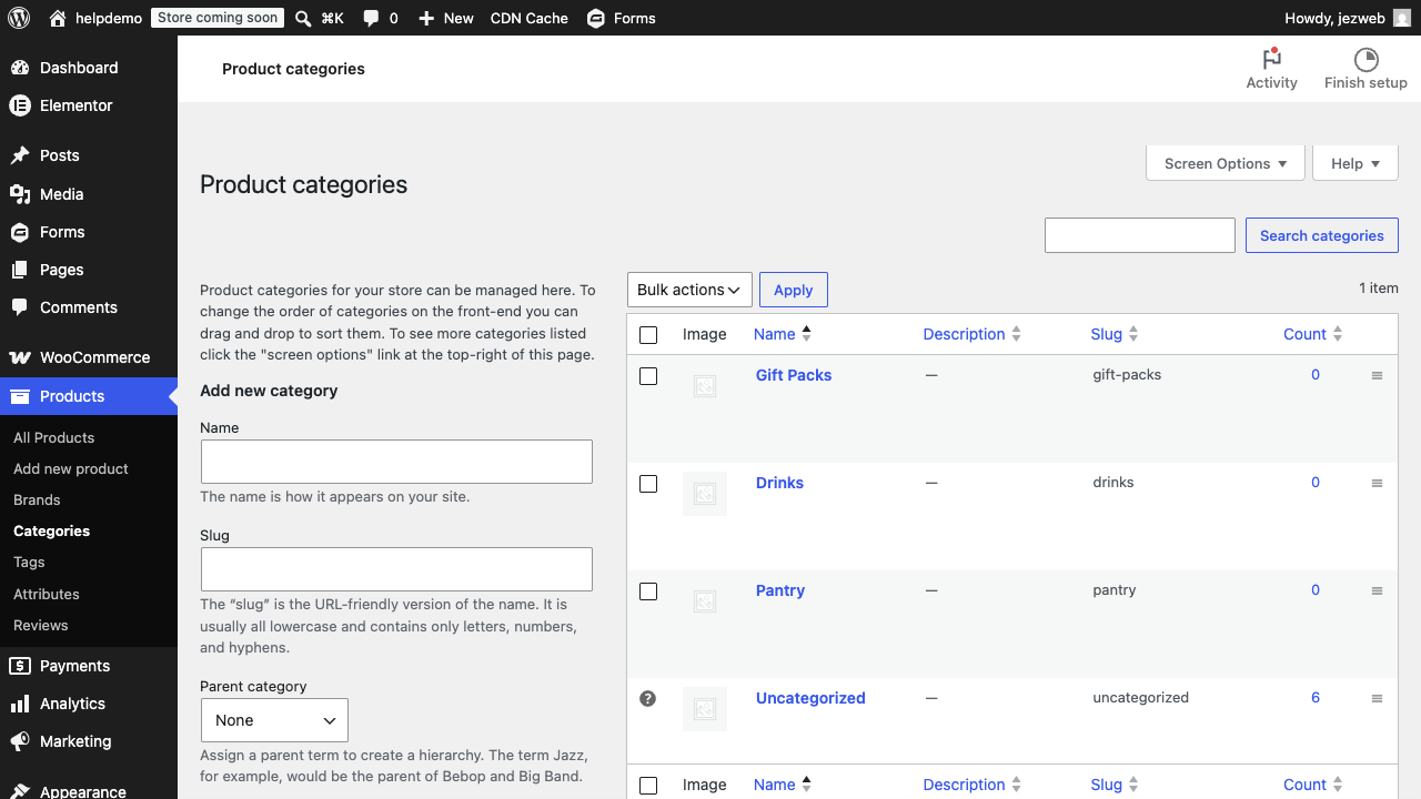 The Product categories screen with the add form on the left and several categories created
