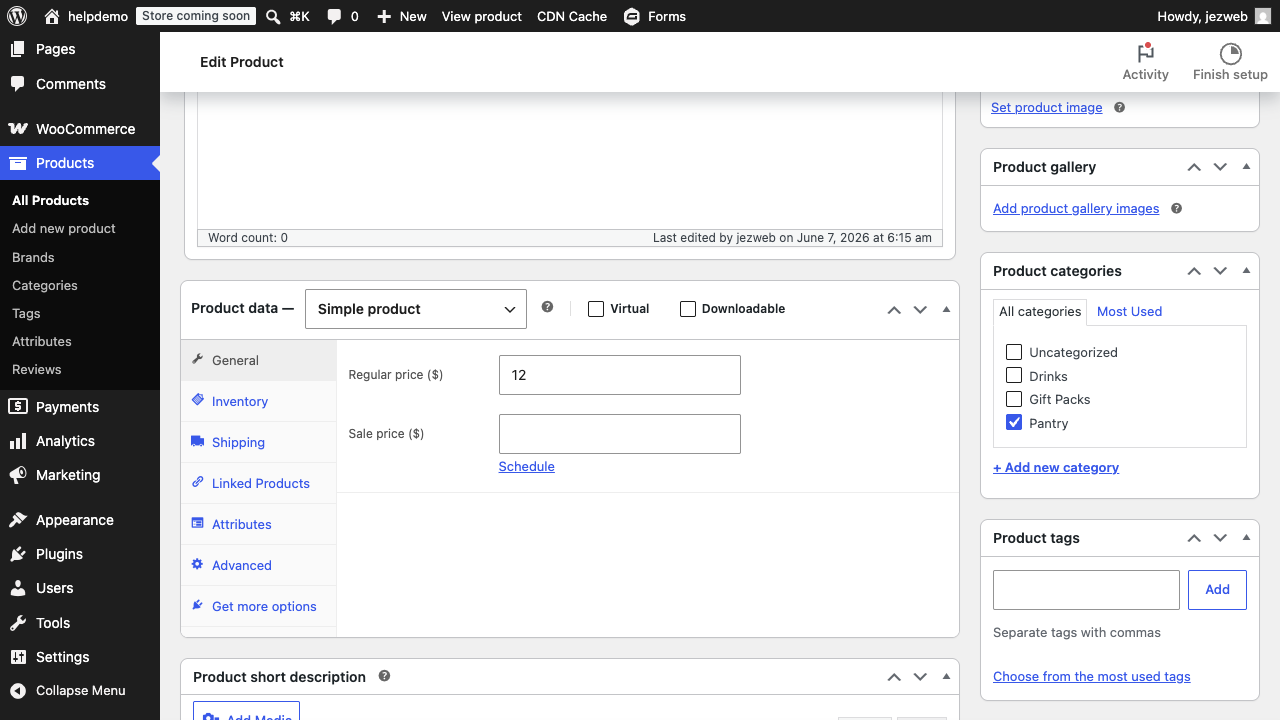 The Product categories box in the product edit sidebar with a category ticked