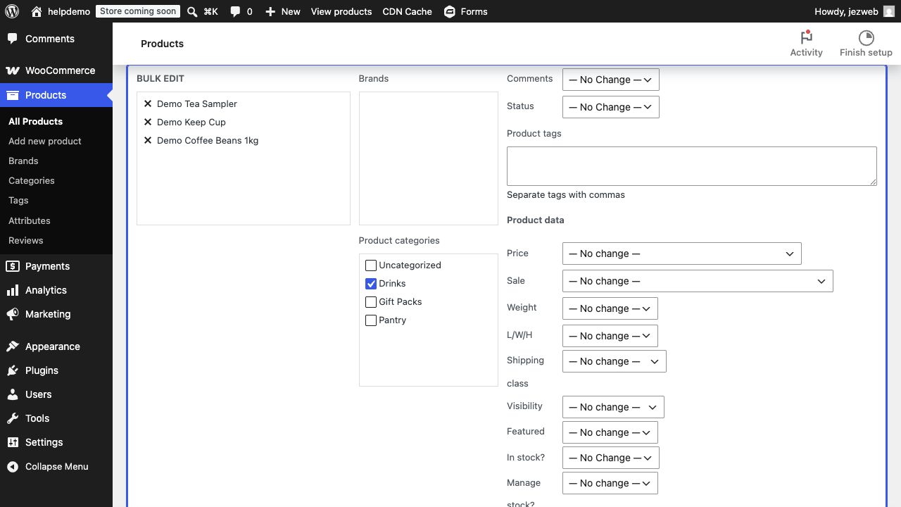 Bulk Edit open on the products list with three products selected and a category being added to all of them