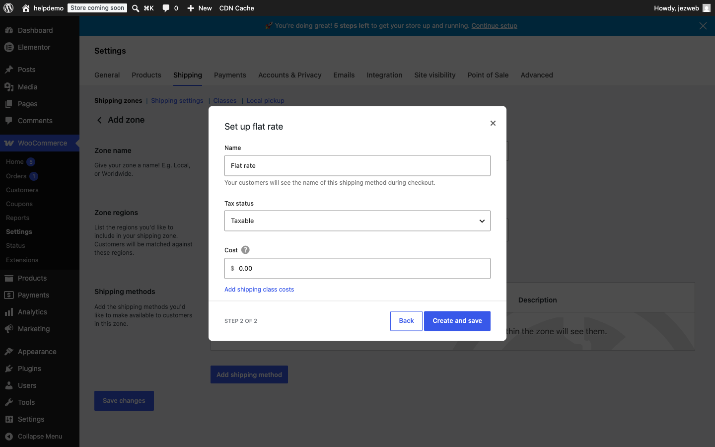 Flat rate setup panel showing Name, Tax status and Cost fields