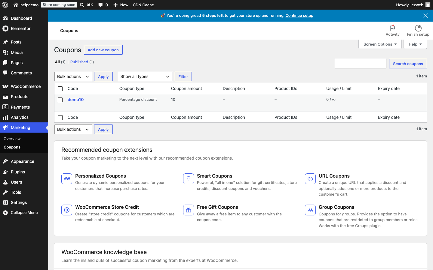 WooCommerce Coupons list showing the demo10 coupon with type and amount columns
