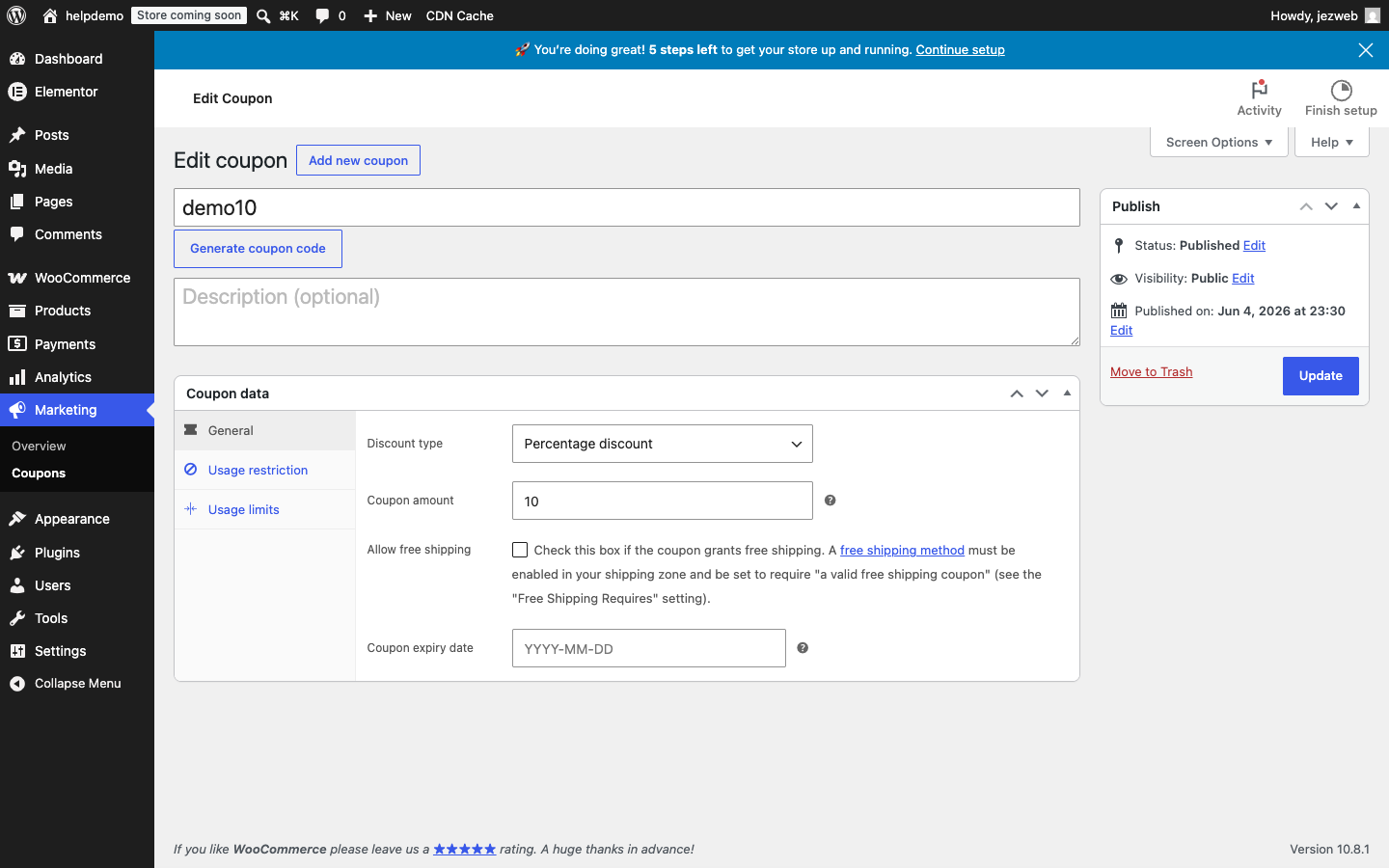 DEMO10 coupon editor showing Percentage discount type, amount 10, and expiry date field