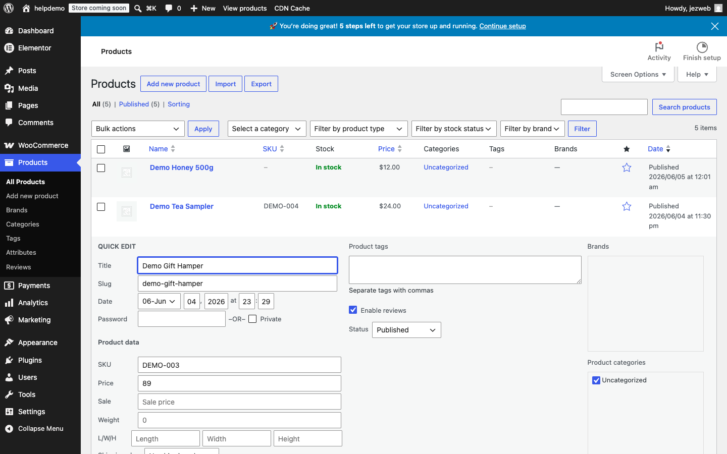 Products list with Quick Edit panel open for Demo Gift Hamper showing price and stock fields