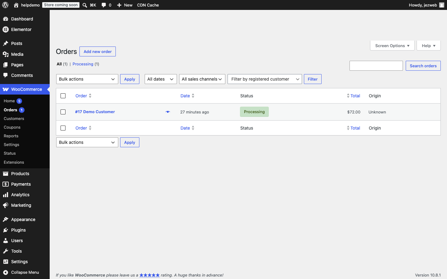 WooCommerce orders list showing order #17 with Processing status