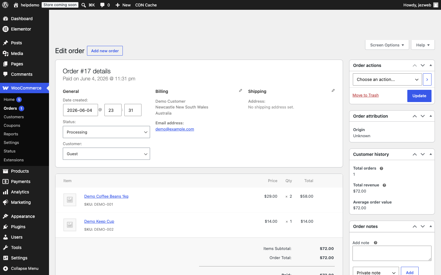 Order #17 detail showing status dropdown, customer details, and item list