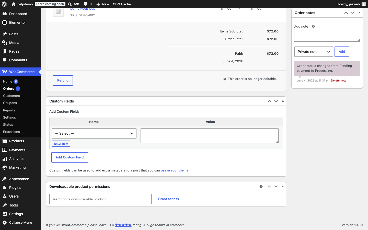 Bottom of order page showing the Refund button below the totals