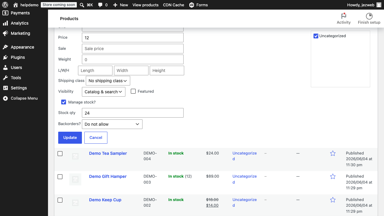 Quick Edit on the products list showing the Manage stock option and stock quantity field