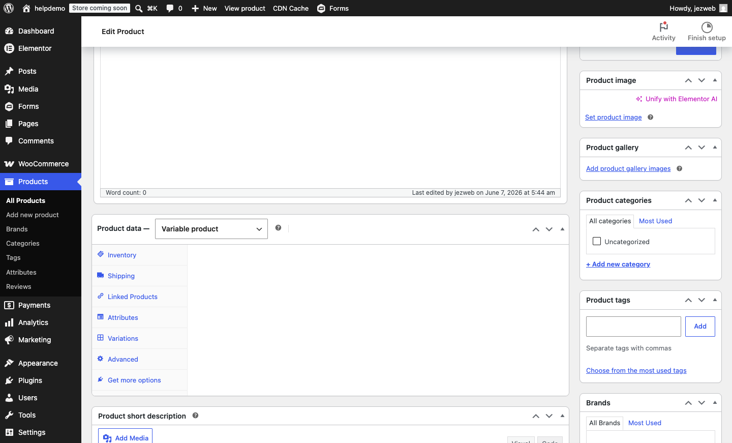 The Product data dropdown set to Variable product