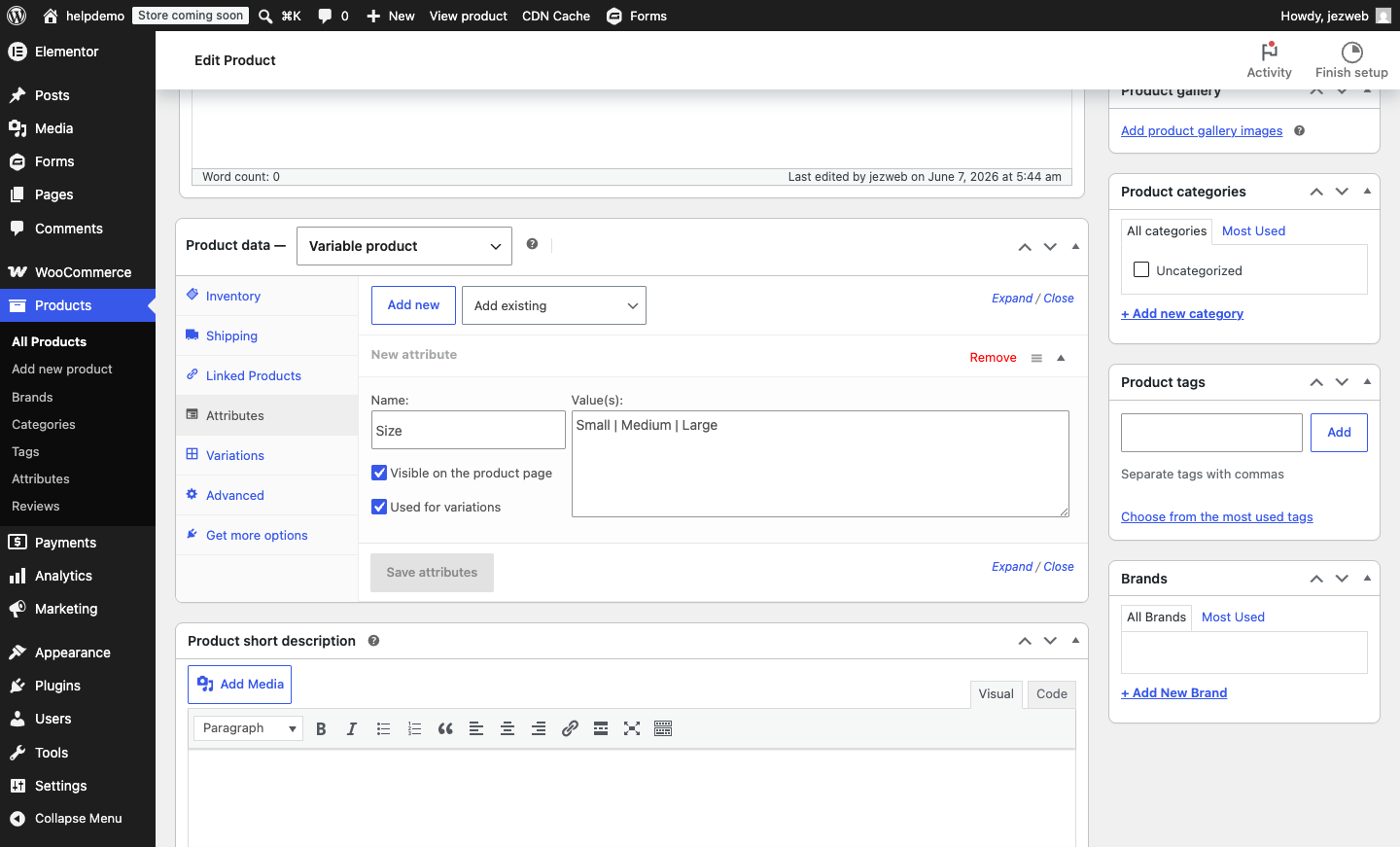 The Attributes tab with a Size attribute, values Small, Medium and Large, and Used for variations ticked