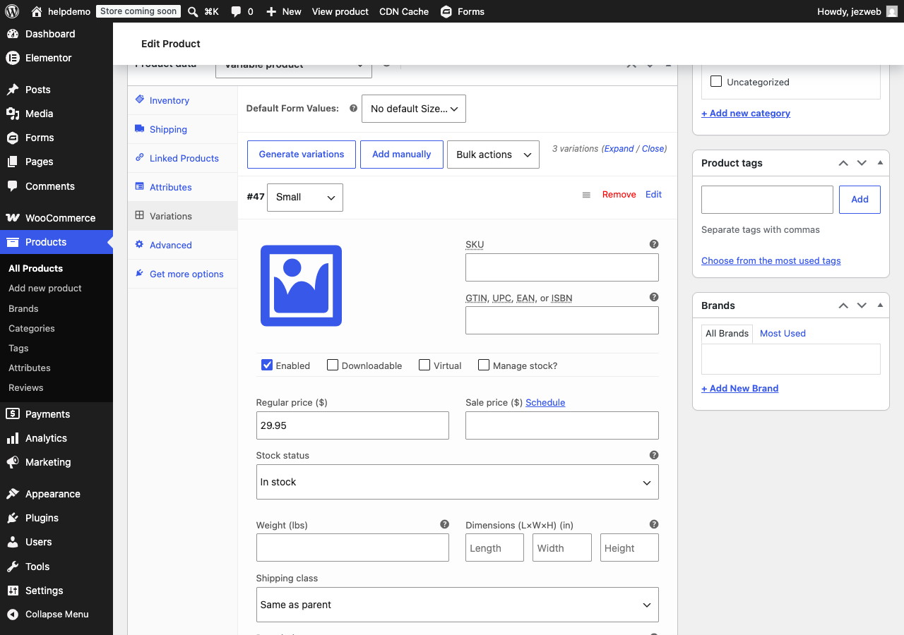 A generated variation expanded in the Variations tab with its regular price filled in