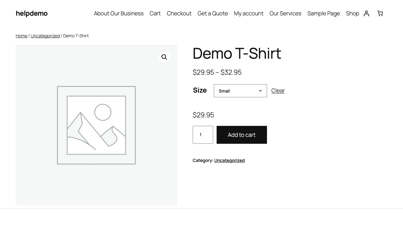 The live product page with the Size dropdown set to Small and the matching price shown