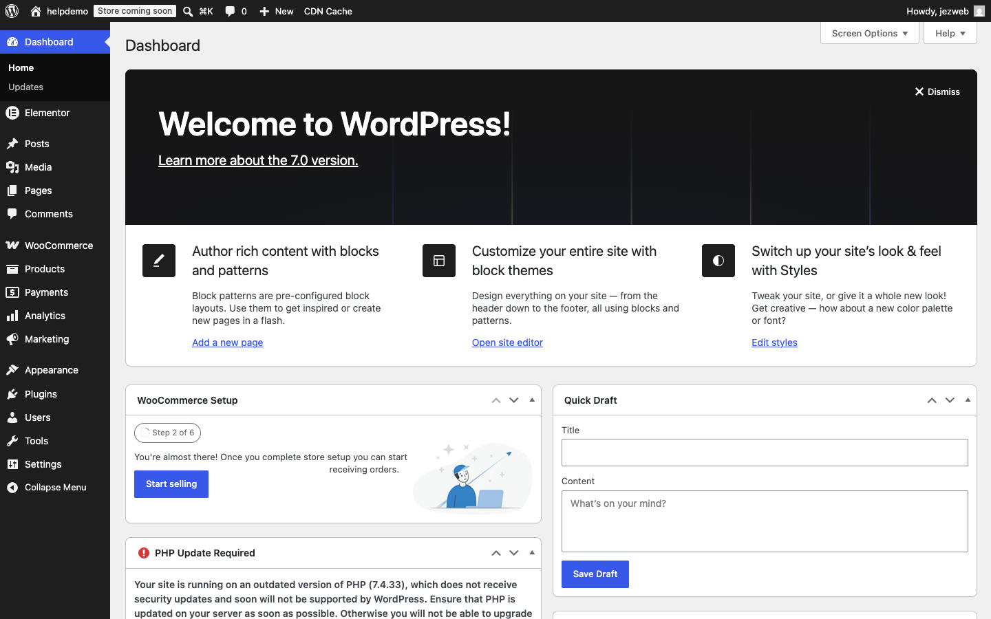 WordPress dashboard with welcome panel and admin menu