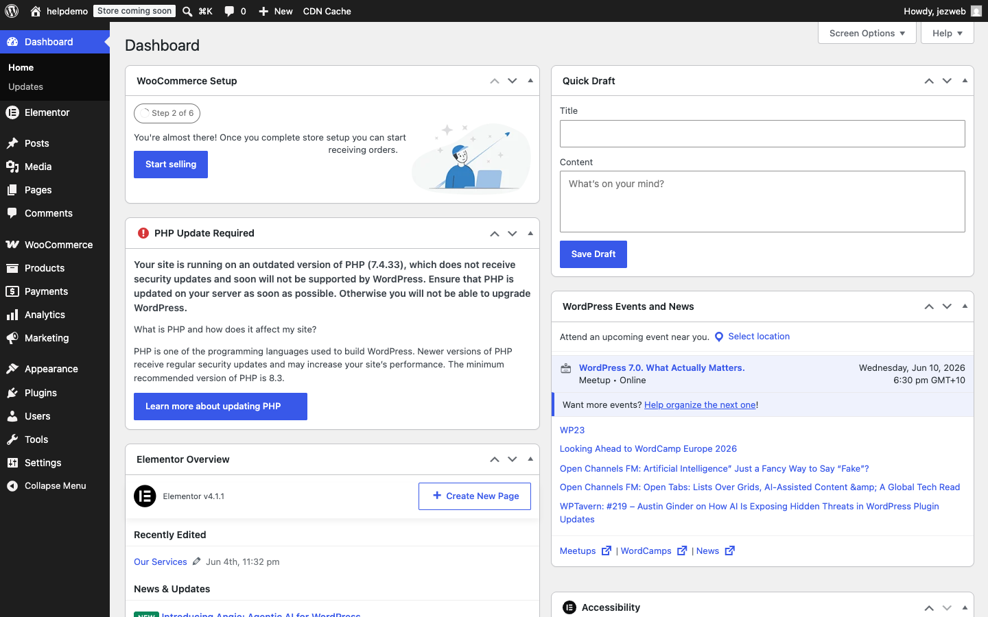 WordPress admin menu showing all sections